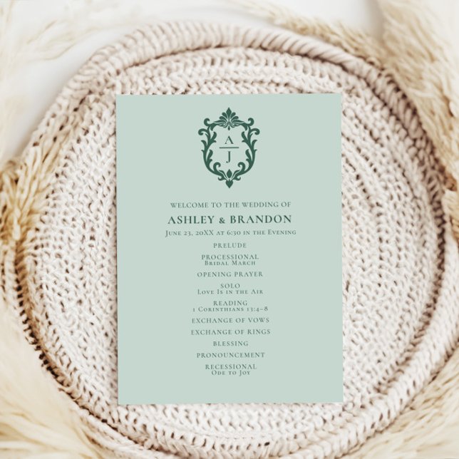 Vintage Sage Crest Monogram Bröllopsprogram Program (Skapare uppladdad)