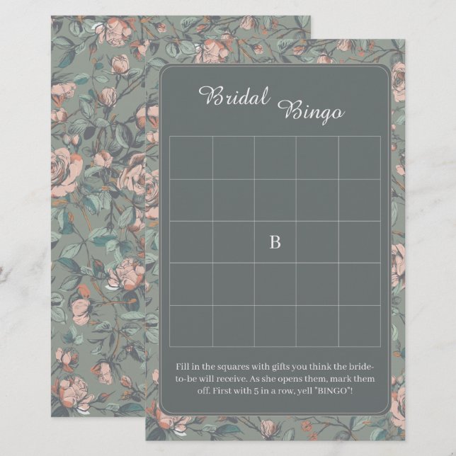 Vintage Sage Dammtrosa Bröllopsdusch Bingo Spel (Fram/baksida)