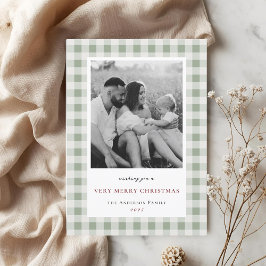 Vintage Sage Gingham Tvåsidig Familjefoto Julkort