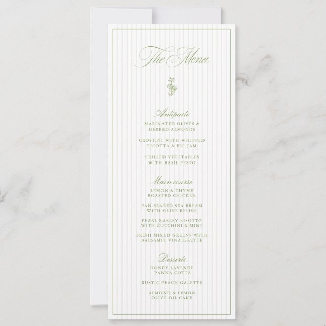 Vintage Sage Green & Beige Striped Wedding Menu Inbjudningar (Framsida)