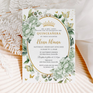 Vintage Sage Green Blommor Fjärilar Quinceañera Inbjudningar