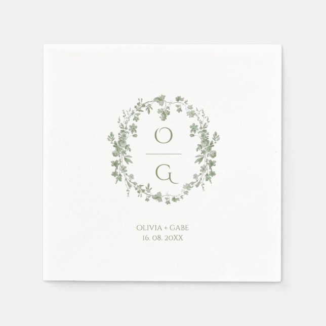 Vintage Sage Grön Fransk Blommig Monogram Bröllop  Pappersservett (Framsidan)