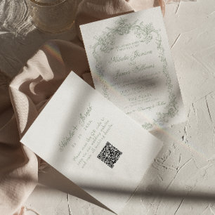Vintage Sage Grön Gamla Pengar QR-kod Bröllop Inbjudningar