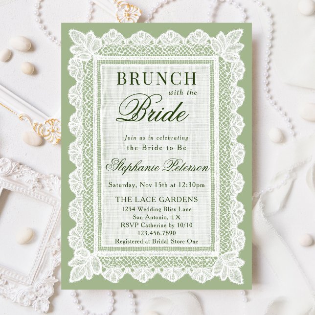 Vintage Sage Grön Vit Spets Bröllopsdusch Brunch Inbjudningar (Skapare uppladdad)