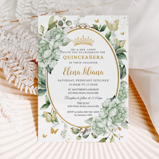 Vintage Sage Grönt Blommigt Butterflies Quinceañer Inbjudningar (Skapare uppladdad)