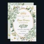 Vintage Sage Grönt Blommigt Butterflies Quinceañer Spara Datumet<br><div class="desc">Anpassa den här vintagens blommigt för chic av grönt Quinceañera / Söt 16 födelsedag spara datumet enkelt och snabbt. Klicka bara på knappen Anpassa den ytterligare för att redigera texterna, ändra typsnitt och typsnitt färg. Med mjuka vattenfärgsblommor, fjärilar och ett guld-trimmat ovalområde för att lägga all din viktiga grönt om...</div>