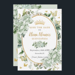 Vintage Sage Grönt Blommigt Butterflies Quinceañer Spara Datumet<br><div class="desc">Anpassa den här vintagens blommigt för chic av grönt Quinceañera / Söt 16 födelsedag spara datumet enkelt och snabbt. Klicka bara på knappen Anpassa den ytterligare för att redigera texterna, ändra typsnitt och typsnitt färg. Med mjuka vattenfärgsblommor, fjärilar och ett guld-trimmat ovalområde för att lägga all din viktiga grönt om...</div>