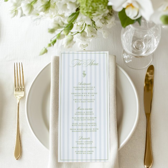 Vintage Sage Grönt & Blue Stripe Bröllop Menu Meny (Vintage Sage Green & Blue Striped Wedding Menu)