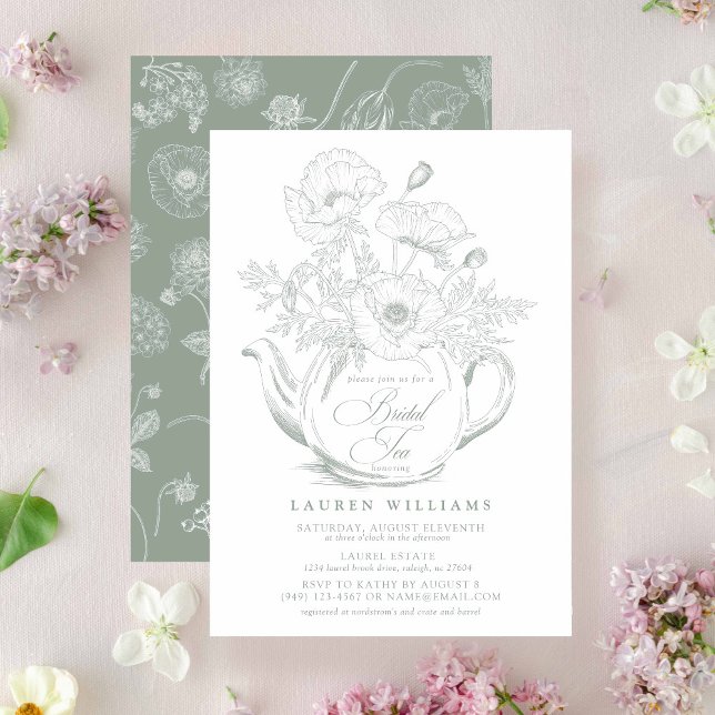 Vintage Sage Grönt Botanical Möhippa Tea Shower Inbjudningar (Bridal Tea Invitation!)
