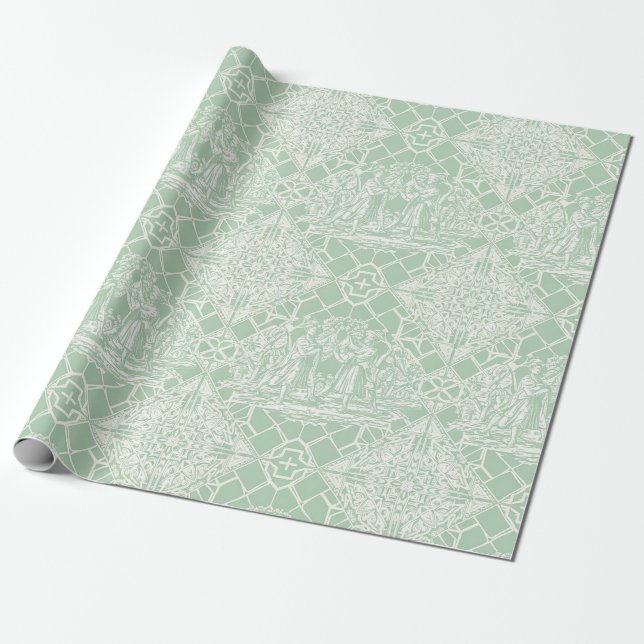 Vintage Sage Toile med klassiska figurer Presentpapper (Utrullad)