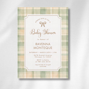 Vintage Sagebrun Plaid Guldslinga Bebisbad Inbjudningar