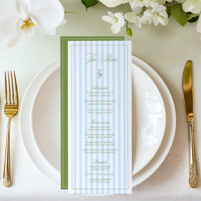 Vintage Sagegrön & Blå Randig Bröllopsmeny Meny (Vintage Sage Green & Blue Striped Wedding Menu)