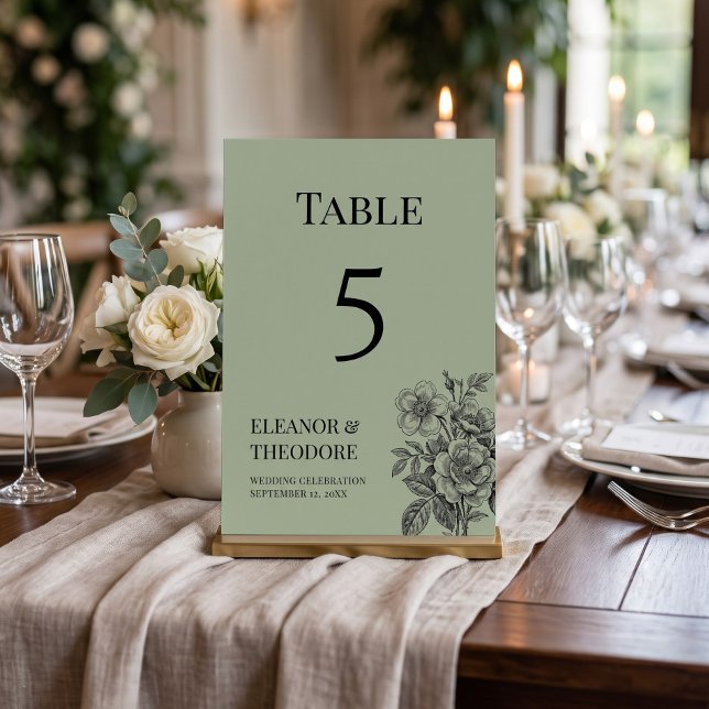Vintage Sagegrön Blommig Romantisk Bordsnummer (Vintage Sage Green Floral Romantic Table Number)