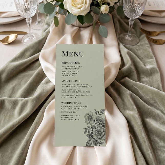 Vintage Sagegrön Blommig Romantisk Meny (Vintage Sage Green Floral Romantic QR Code Menu)