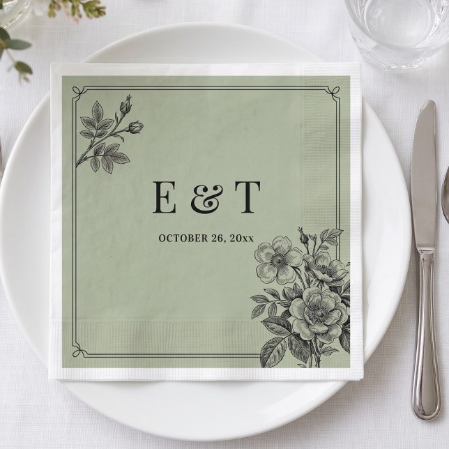 Vintage Sagegrön Blommig Romantisk Pappersservett (Vintage Sage Green Floral Romantic Napkins)