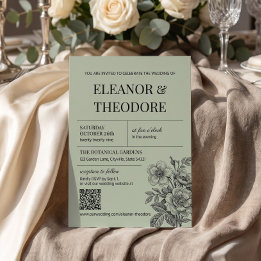 Vintage Sagegrön Blommig Romantisk QR-kod Inbjudningar