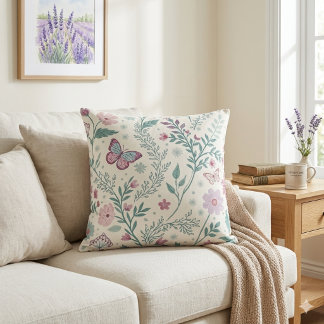 Vintage Sagegrön Cottagecore Fjäril Blommig Kudde