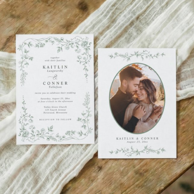 Vintage Sagegrön Fransk Blommig Bröllopsfoto Inbjudningar (Sage green vintage French wedding invitation with elegant floral border and photo back)