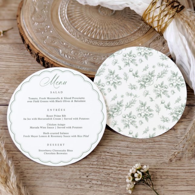Vintage Sagegrön Scalloped Cirkel Rund Bröllopsmen Meny (Round vintage French floral sage green wedding menu with scalloped frame)