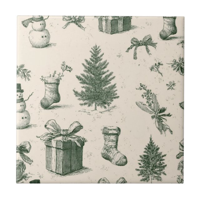 Vintage Sagegrön Vinter Toile Jul (2) Kakelplatta (Framsidan)