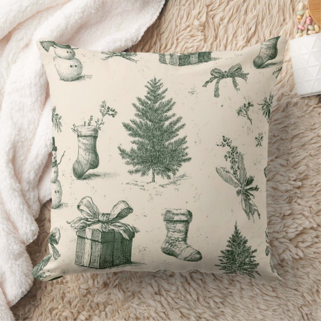Vintage Sagegrön Vinter Toile Jul (2) Kudde (Filt)