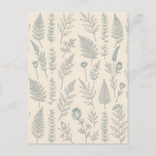 Vintage Sagegröna Ormbunks Blommor Botanisk  Vykort