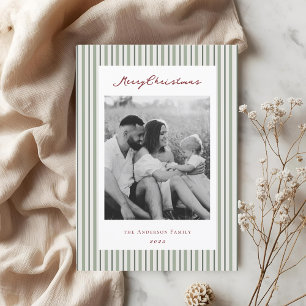 Vintage Sagegröna Randiga Tvåsidiga Familjefoto Julkort