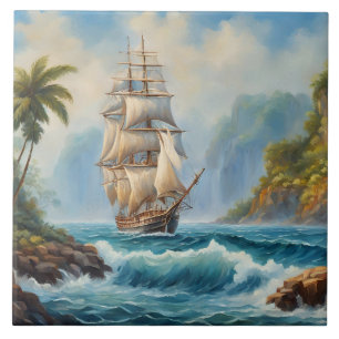 Vintage Sail Frakt nära Tropical Island Kakelplatta