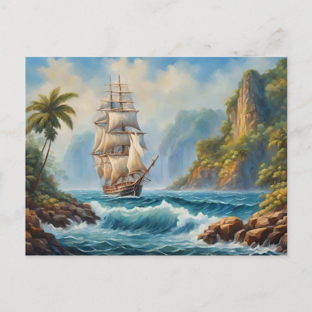 Vintage Sail Frakt nära Tropical Island Vykort (Framsida)