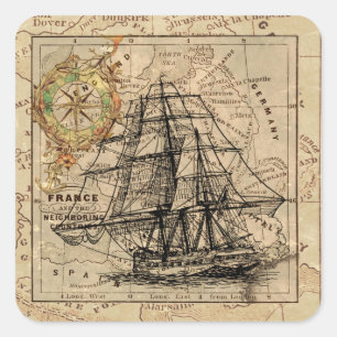 Vintage Sailing Frakt and Old European Karta Fyrkantigt Klistermärke