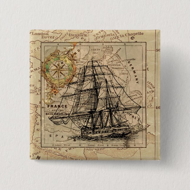 Vintage Sailing Frakt and Old European Karta Knapp (Framsida)