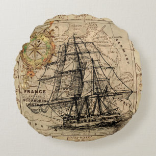 Vintage Sailing Frakt and Old European Karta Rund Kudde