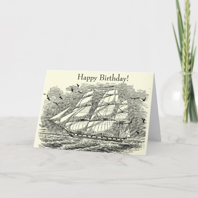 Vintage Sailing Frakt Engrating Birthday Kort (Framsida)