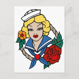 Vintage Sailor Girl med Ro Tattoo Art Vykort