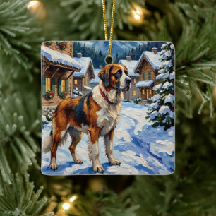 Vintage Saint Bernard alpin julmålning Julgransprydnad Keramik