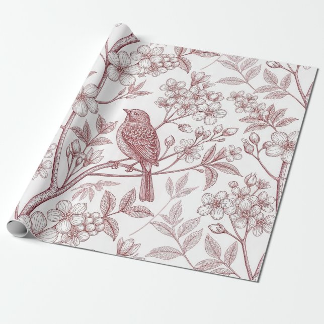Vintage Sakura Cherry Blommar & Bird Aesthetic 1 Presentpapper (Utrullad)
