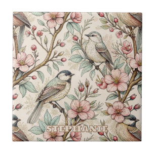Vintage Sakura Cherry Blommar & Bird Aesthetic 2 Kakelplatta