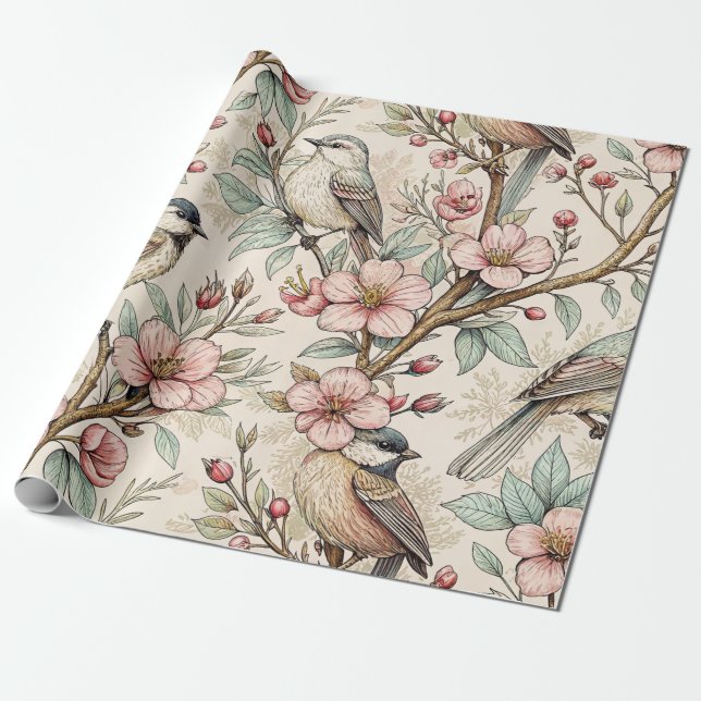 Vintage Sakura Cherry Blommar & Bird Aesthetic 2 Presentpapper (Utrullad)
