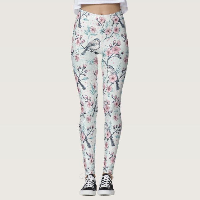 Vintage Sakura Cherry Blommar & Bird Aesthetic 4 Leggings (Framsida)