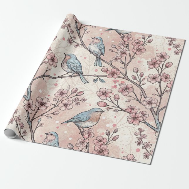 Vintage Sakura Cherry Blommar & Bird Aesthetic 5 Presentpapper (Utrullad)
