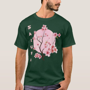Vintage Sakura Cherry Blommar Måne japansk grafi T Shirt