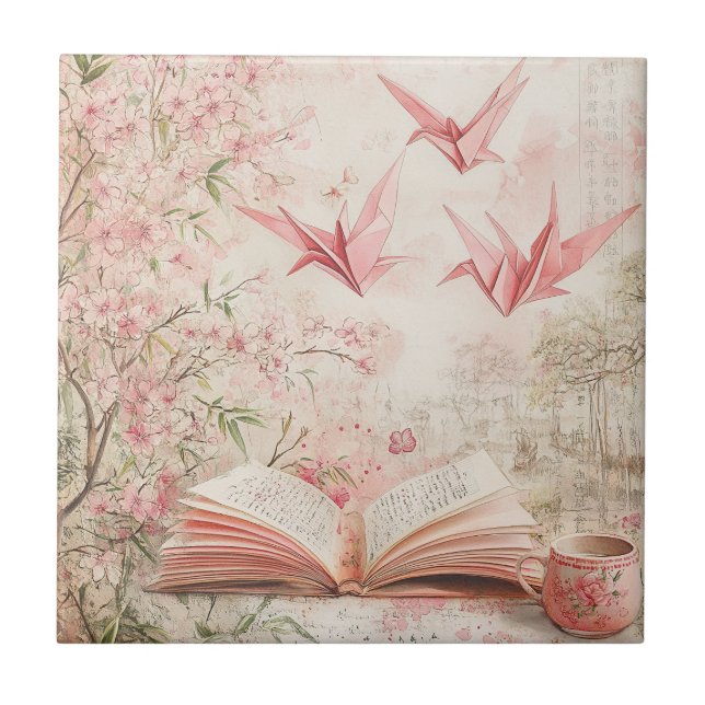 Vintage Sakura Origami Serenitet (1) Kakelplatta (Framsidan)