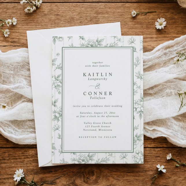 Vintage Sälggrön Fransk Blommig Ram Bröllop Inbjudningar (Vintage French floral sage green wedding invitation with simple border and botanical frame)