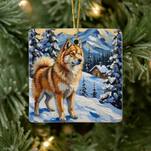 Vintage Samoyed i alpint julandskap Julgransprydnad Keramik