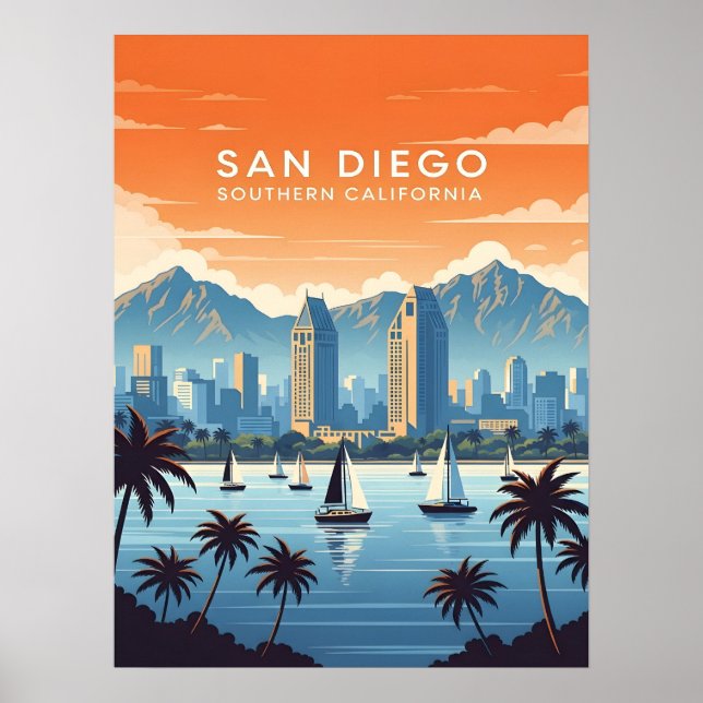 Vintage San Diego-siluett med segelbåtar Poster (Framsidan)