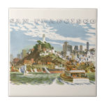 Vintage San Francisco Bay Travel Poster Ferryboat Kakelplatta<br><div class="desc">Vintage illustration USA:s reseaffisch eller bagageetikett från San Francisco,  Kalifornien,  med en bild av skylten från bukten tittar mot en färjebåt,  staden och Coit Torn i avstånd.</div>