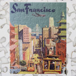 Vintage San Francisco Cable Cars Travel Poster Art Pussel<br><div class="desc">Vintage illustration USA:s reseaffisch med San Francisco,  Kalifornien med tanke på Bay Bridge och kabelbilarna tittar ner California Street i China Town.</div>