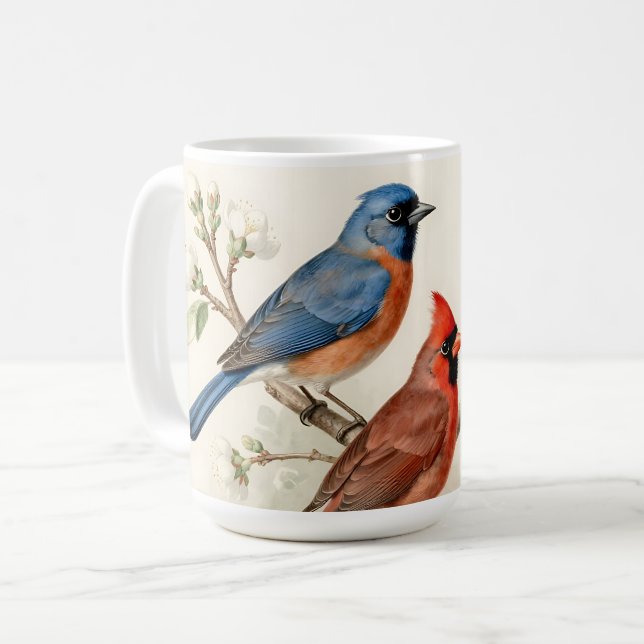 Vintage sångfågel blommande gren illustration kaffemugg (Framsida vänster)