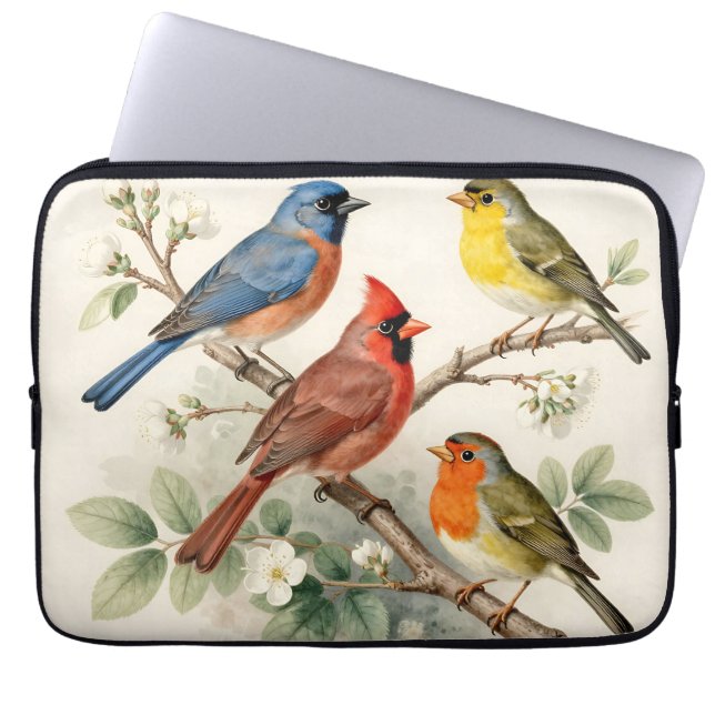 Vintage sångfågel blommande gren illustration laptop fodral (Framsidan)