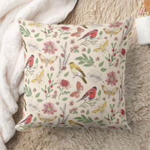 Vintage sångfåglar, fjärilar & blomster botanik kudde
